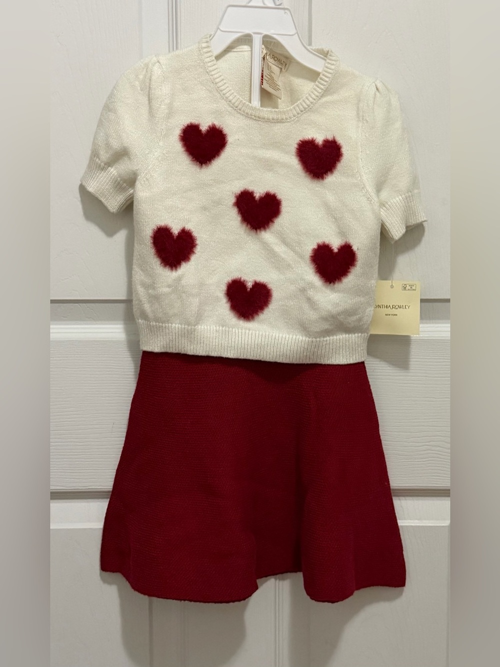 Cynthia Rowley Girls Cream Knit Top with Red Heart Appliqués & Red Skirt